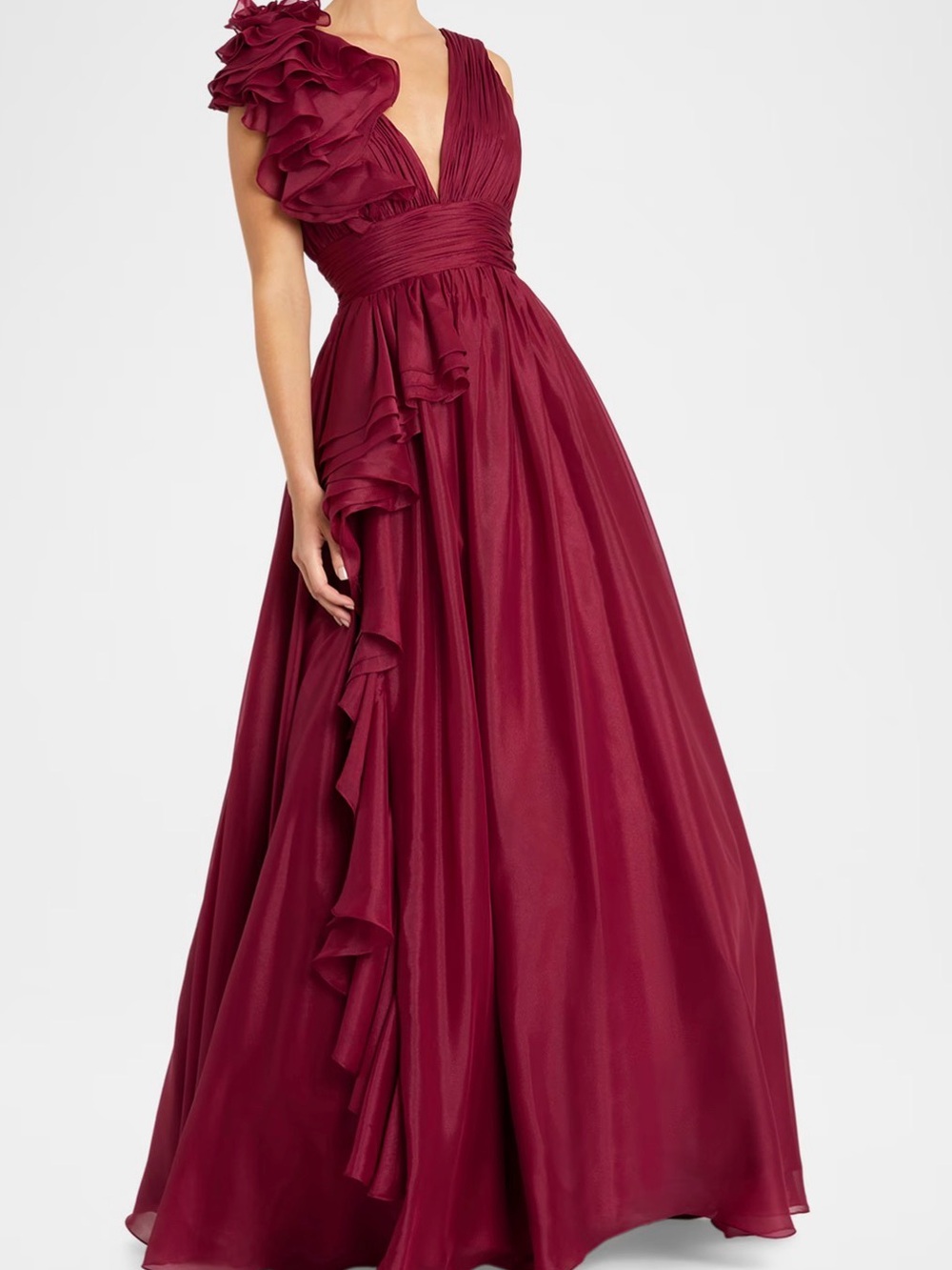 Gorgeous Mac Duggal Burgundy One-Shoulder Ruffle Evening Gown